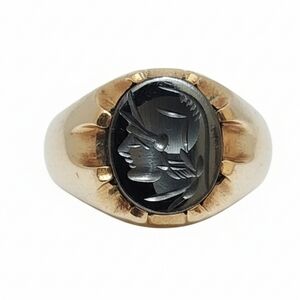 10K Yellow Gold Hematite Intaglio Ring Size 9.5